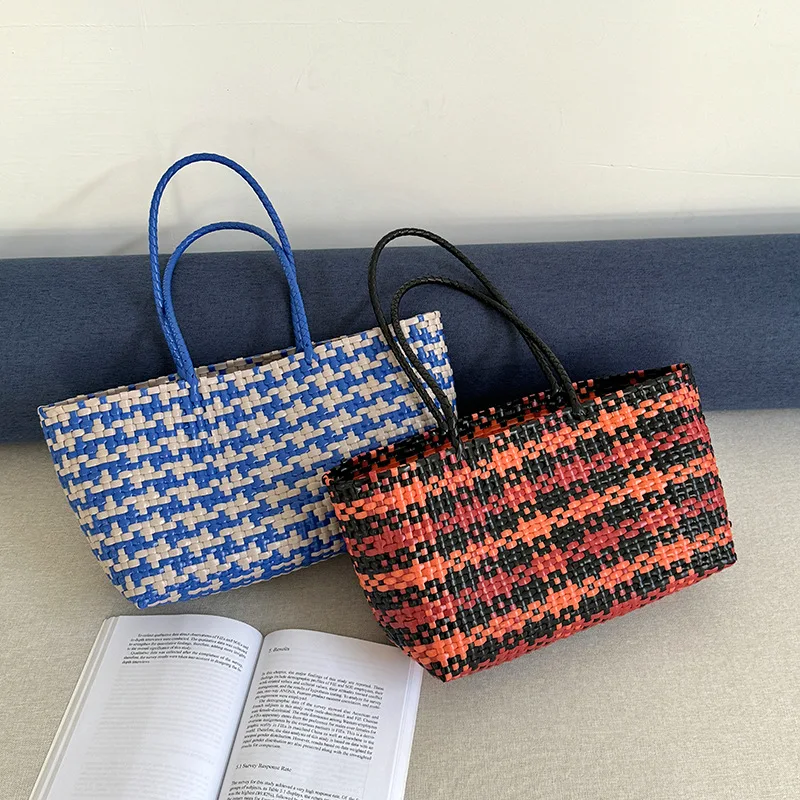 NEW Female Casual Tote Vegetable Basket Woven Bag Ins Fashion Handheld Beach Bags Summer PVC Handbag