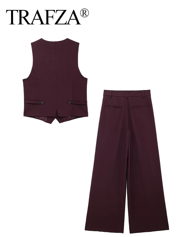 TRAFZA Female Set Wine Red V-Neck Sleeveless Single Breasted Tops+High Waist Zipper Long Pants Autumn Suits Woman 2024 Trendy