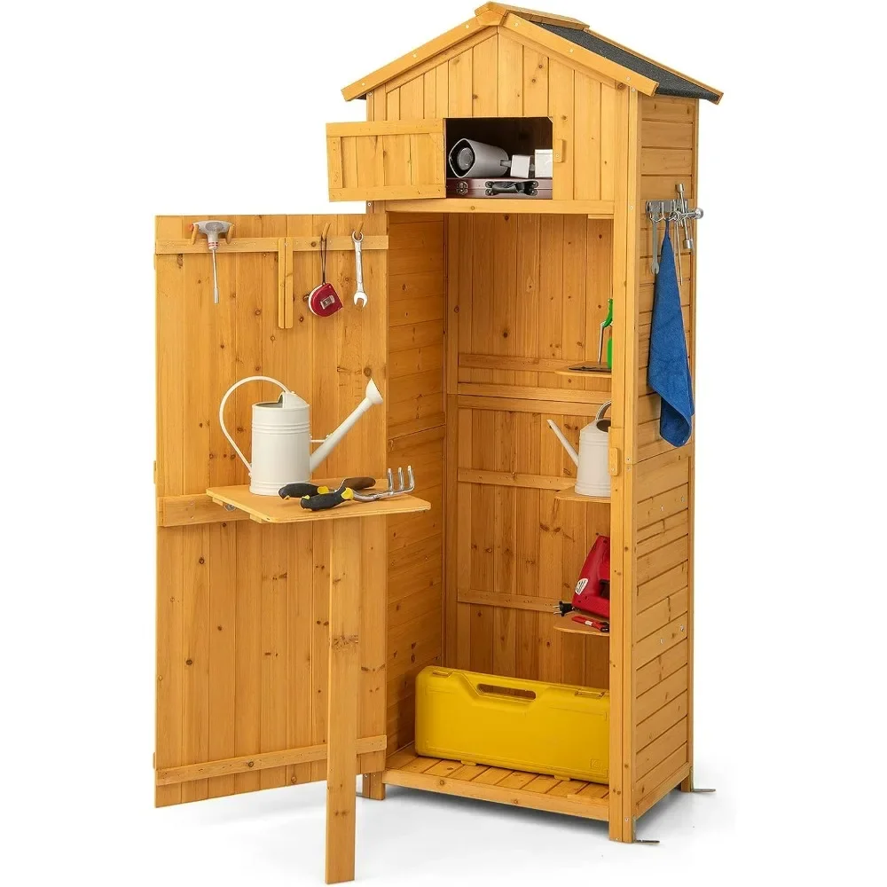 

Outdoor Storage Shed, Wooden Garden Storage Cabinet with Lockable Doors, Foldable Table, Hooks, Utility Tool Organizer