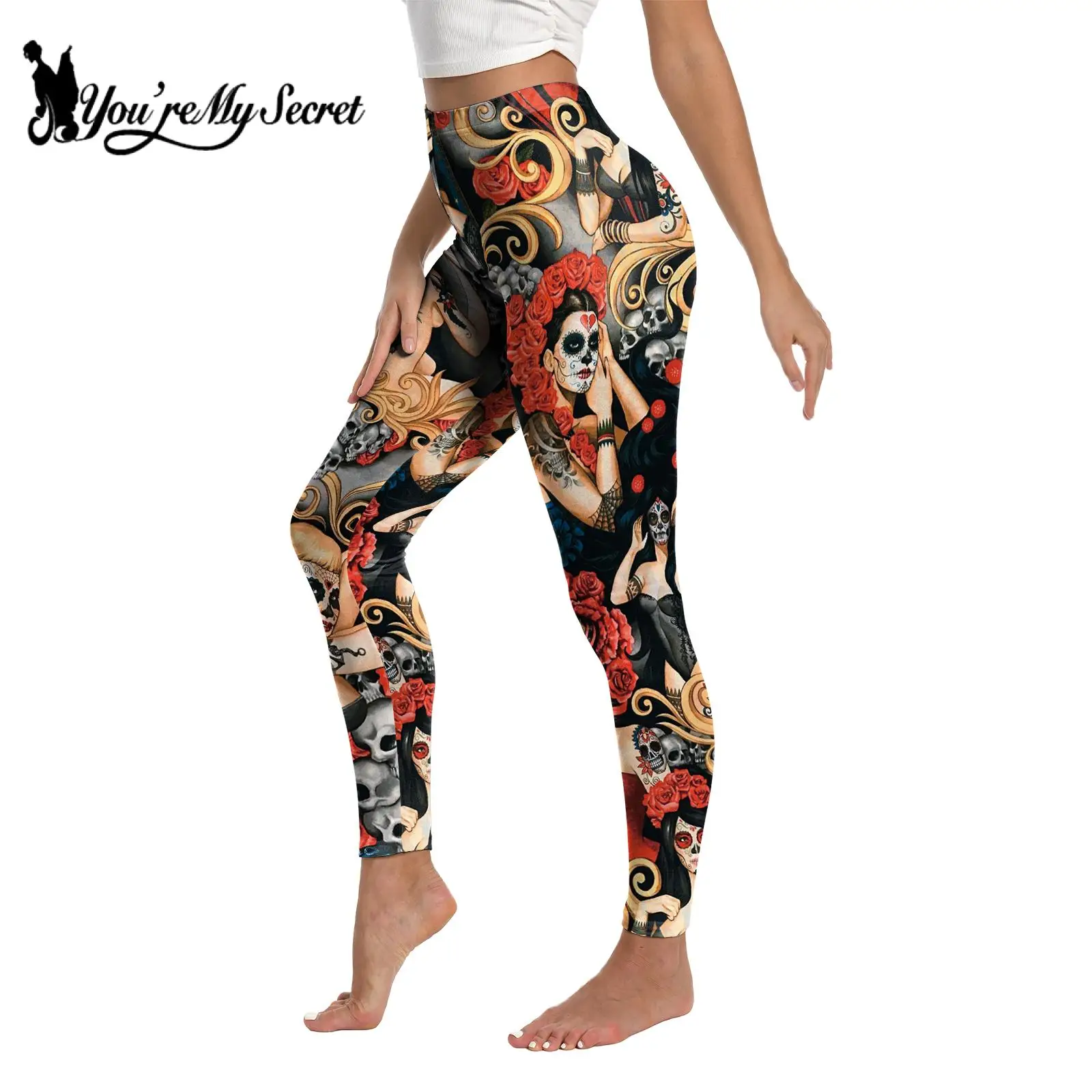 [You\'re My Secret] Women\'s Leggings Halloween Day of The Dead Skull Rose 3D Print Pants Skinny Stretchy Elastic Workout Trousers