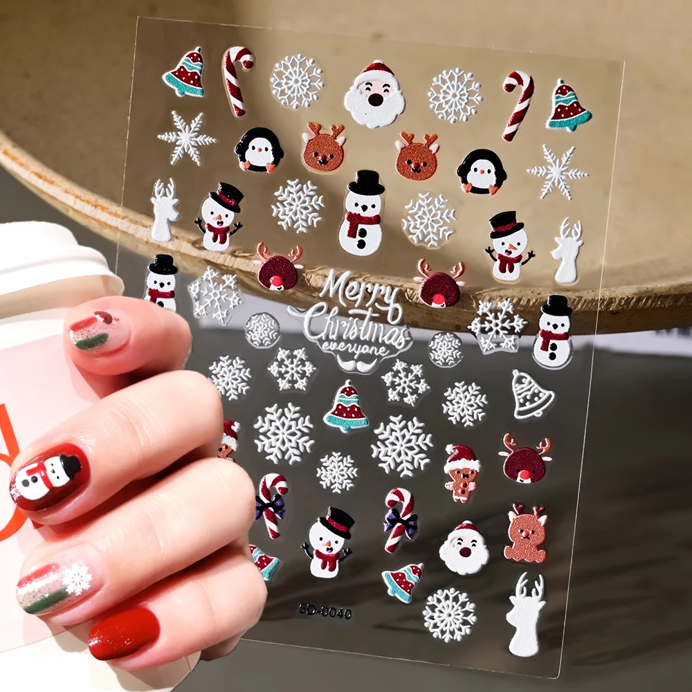 1 unidad de pegatinas 5D para uñas navideñas, dibujos animados Kawaii, muñeco de nieve, copo de nieve, alce, campana, calcomanías para uñas DIY, deslizador de uñas autoadhesivo para invierno