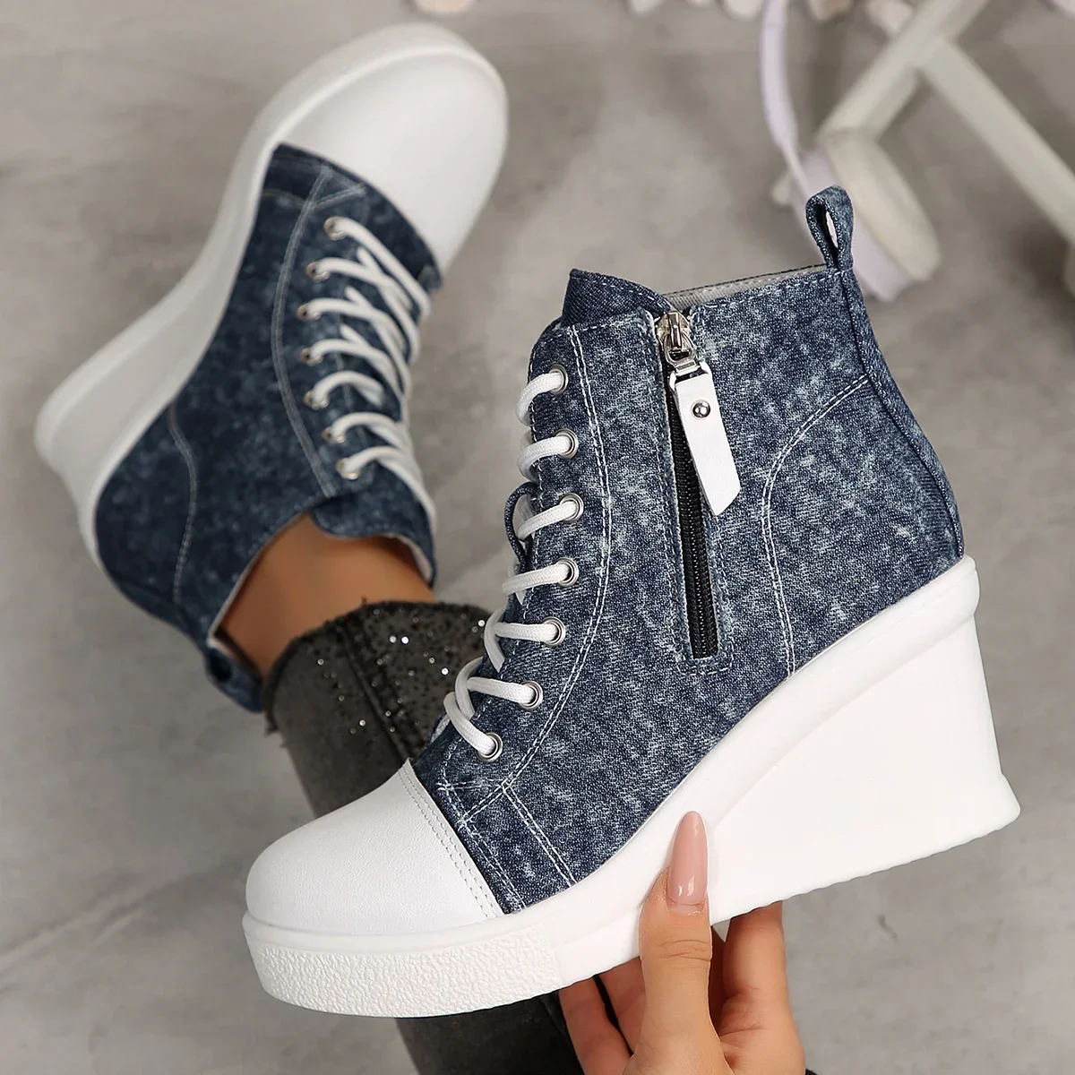 

Women's Shoes Classic Breathable Canvas Boots Fashion Wedge Platform Boots Side Zip Ankle Boots for Women Lace Up Wedge Sneakers