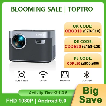 Android TOPTRO-4Kプロジェクター,9.0ルーメン,26000 p,wifi 6,bluetooth,オートフォーカス,キーストーン,屋外,ホームシアター,1080