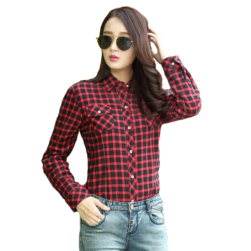 

Winter Women Fleece Blouses Cotton Long Sleeve Top Plaid Shirt Fashion Oversize Women's Vintage Blouses Slim Tops Casual Blusas