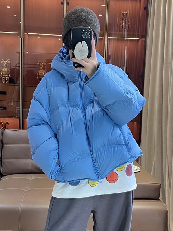 

Утепленная синяя хлопковая куртка с капюшоном, женская зимняя новая модель, теплая универсальная модная верхняя одежда в корейском стиле, свободный крой, длинный рукав