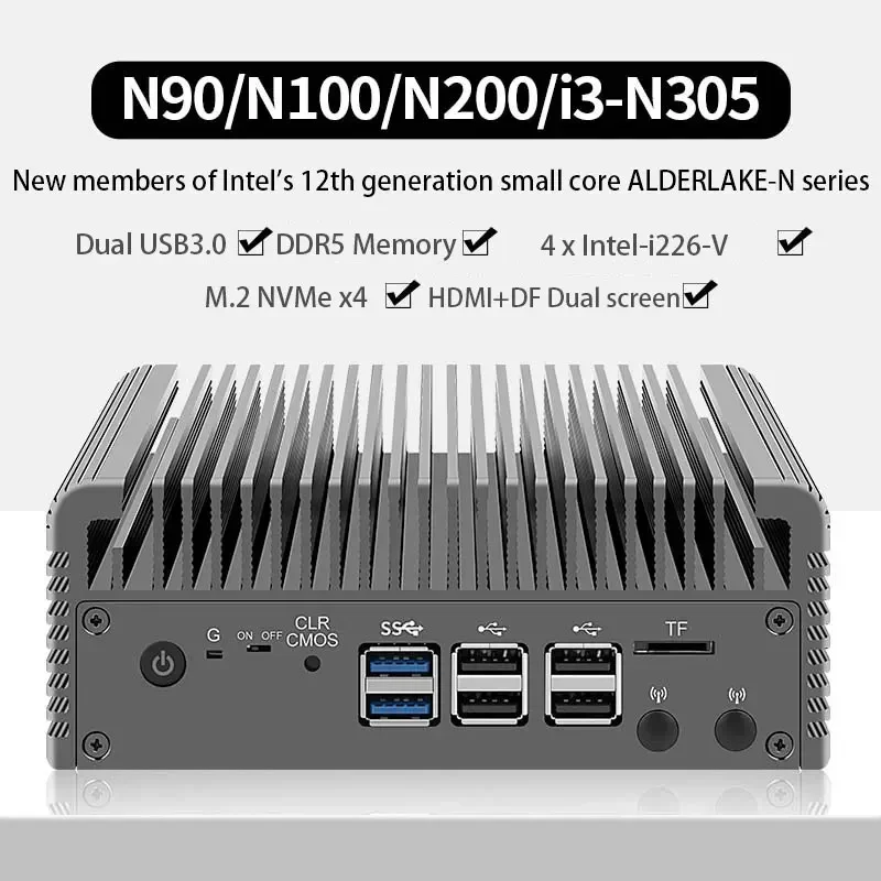 

12th Gen Firewall Alder Lake i3 N305 8 Core N200 N100 Fanless Soft Router Proxmox DDR5 4800MHz 4xi226-V 2.5G