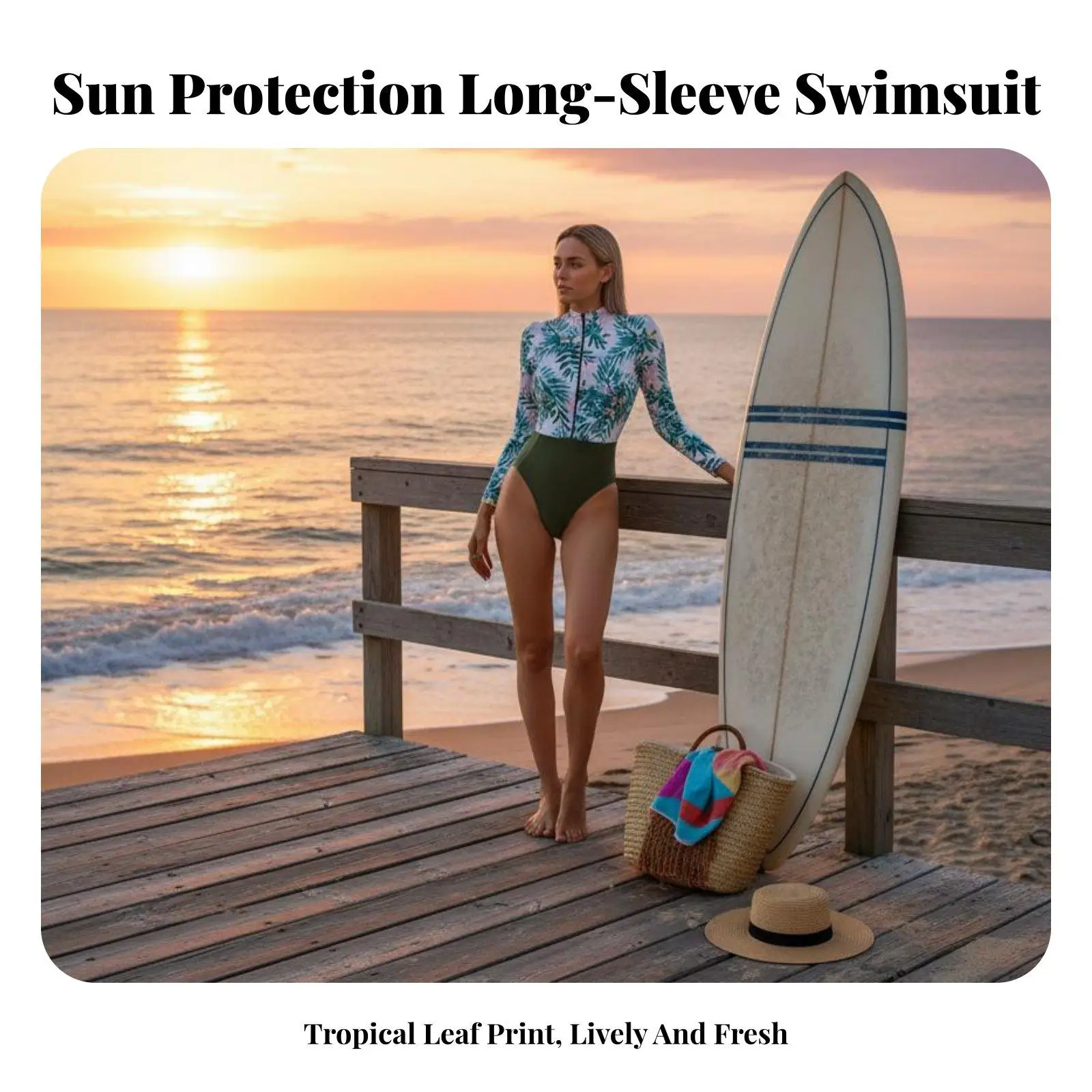 Floral Print Women Sunscreen Swimsuit Long Sleeve Zip Up One Piece Swimsuit High Neck Modest Beach Wear for Surfing Swimming