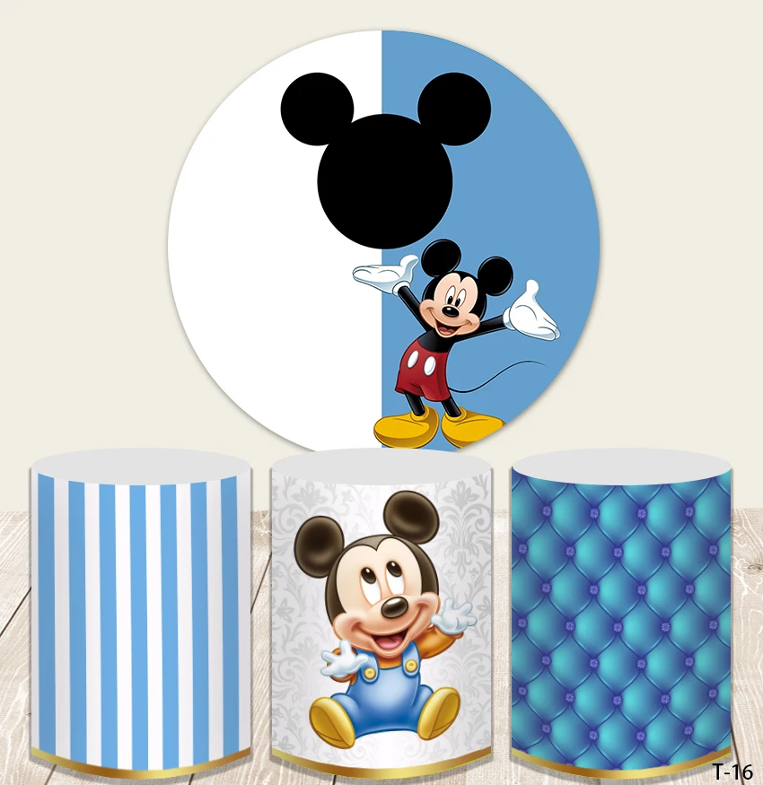 Party ฉากหลัง Blue Mickey Mouse รอบรูปร่าง Disney Mickey เด็กวันเกิดตกแต่งงานแต่งงานพื้นหลังที่กำหนดเอง Photozone