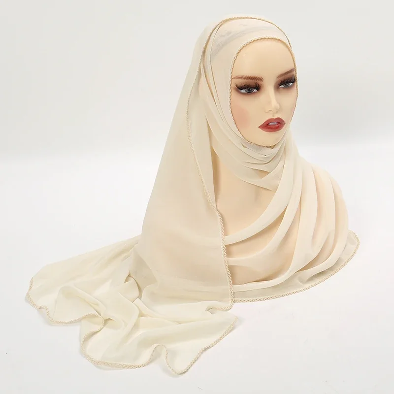 Premium Chiffon Hijab Scarf for Women Turban Veil Lace Stitching Scarves Muslim Hijabs Solid Color Woman Headscarf Shawl Ramadan