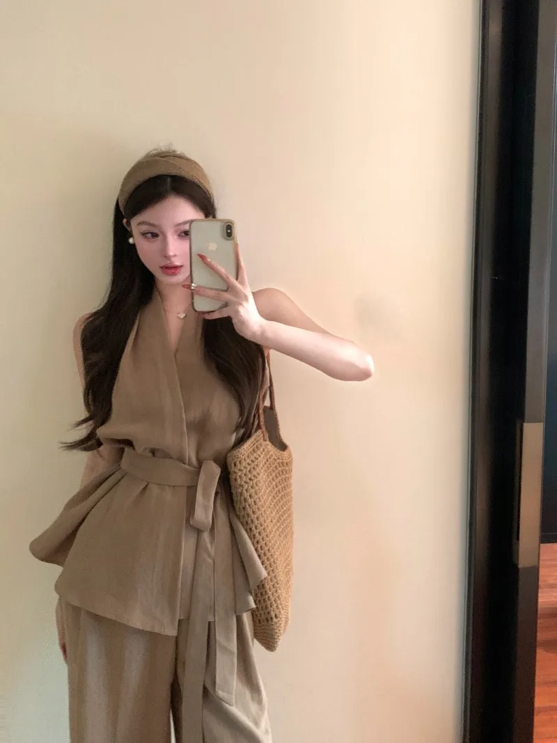 

Hot Girl Suit Women's Summer Sleeveless Slim Fit Lace-up Shirt High Waist Wide Leg Pants Two-piece Set Fashion Female Clothes