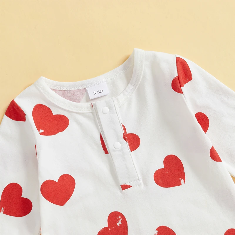 Mono para bebé del Día de San Valentín con estampado de corazón, cuello redondo, manga larga, medio broche, mameluco de otoño