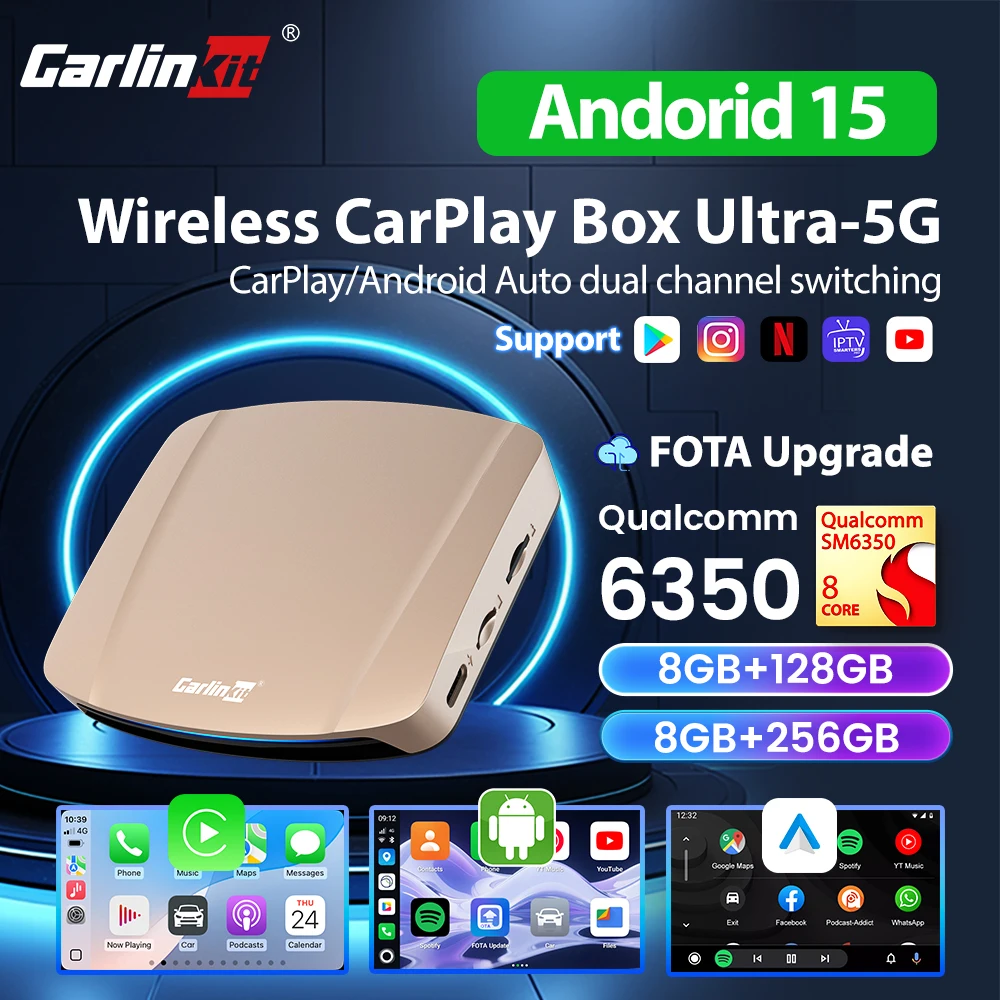 256g carlinkit android auto adaptador sem fio carplay tv box android 15 ultra carplay ai caixa gps qcm6350 para youtube netflix iptv