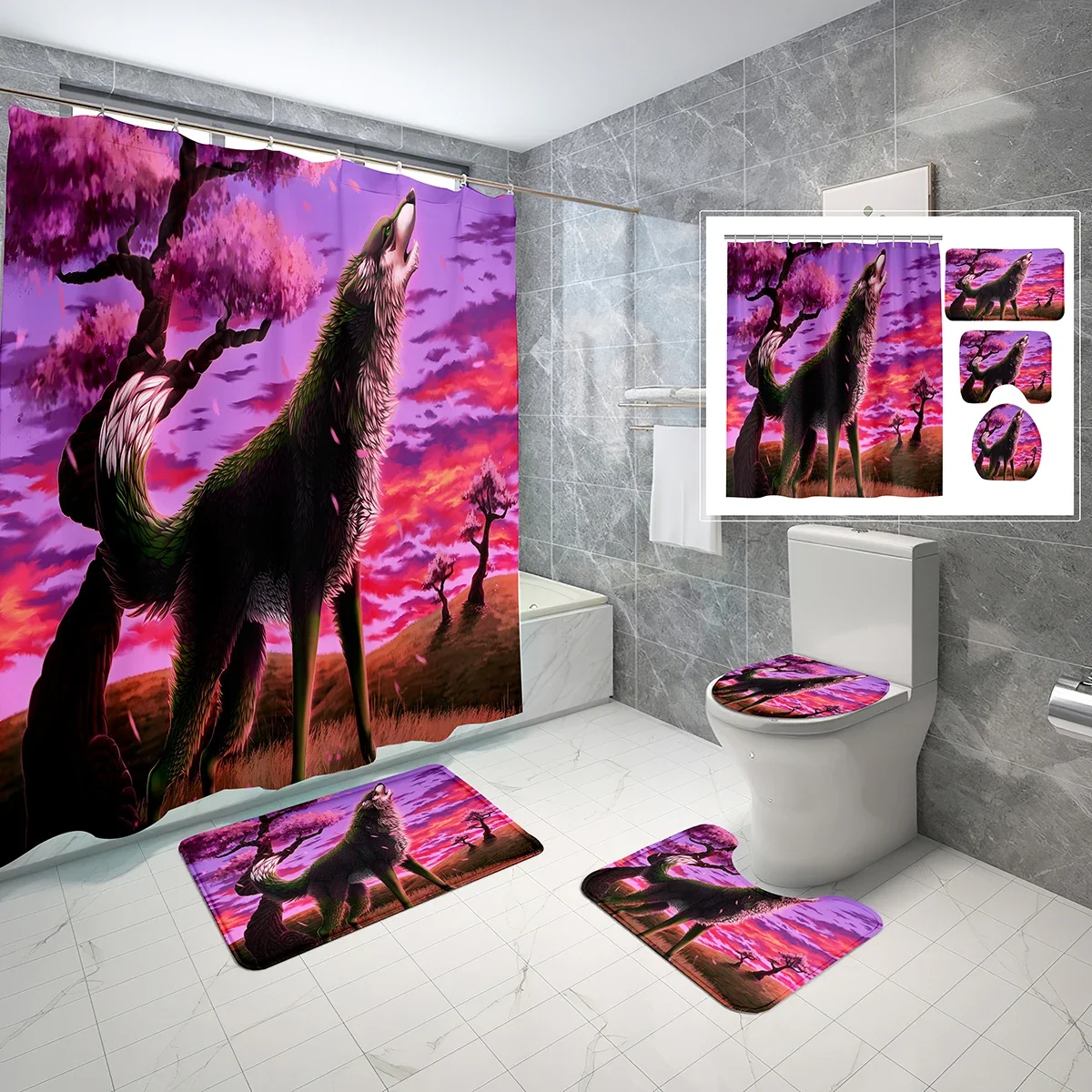 4 PCS Magic Wolf Shower Curtain Set,Art Sakura Howling Wolf Bathroom Waterproof Bath Curtain,Non-Slip Bath Mat Toilet Cover Set