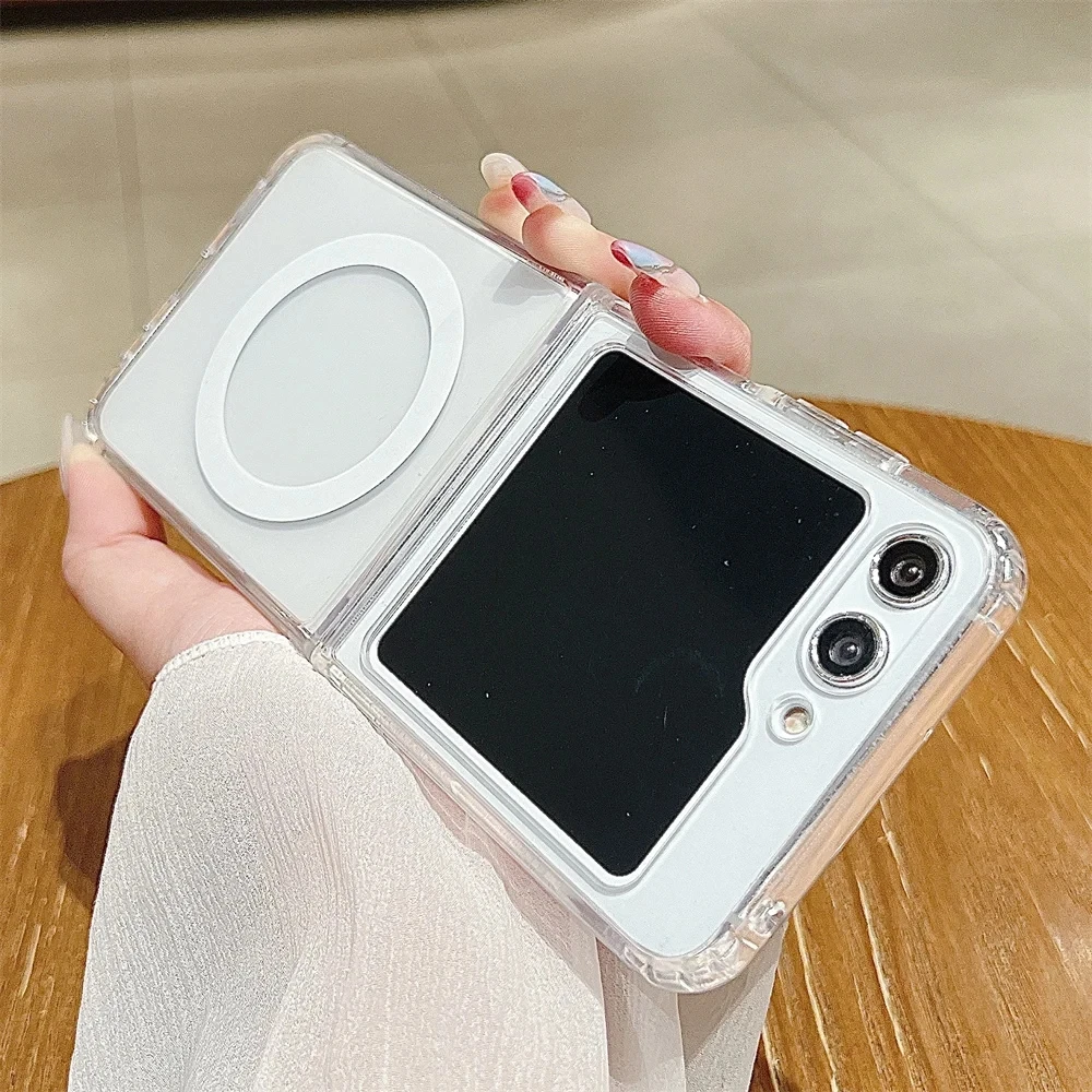 Transparente magnetische kabellose Ladehülle für Magsafe-Handyhüllen für Samsung Galaxy Z Flip 8 7 6 5 4 3, stoßfeste Rückseite