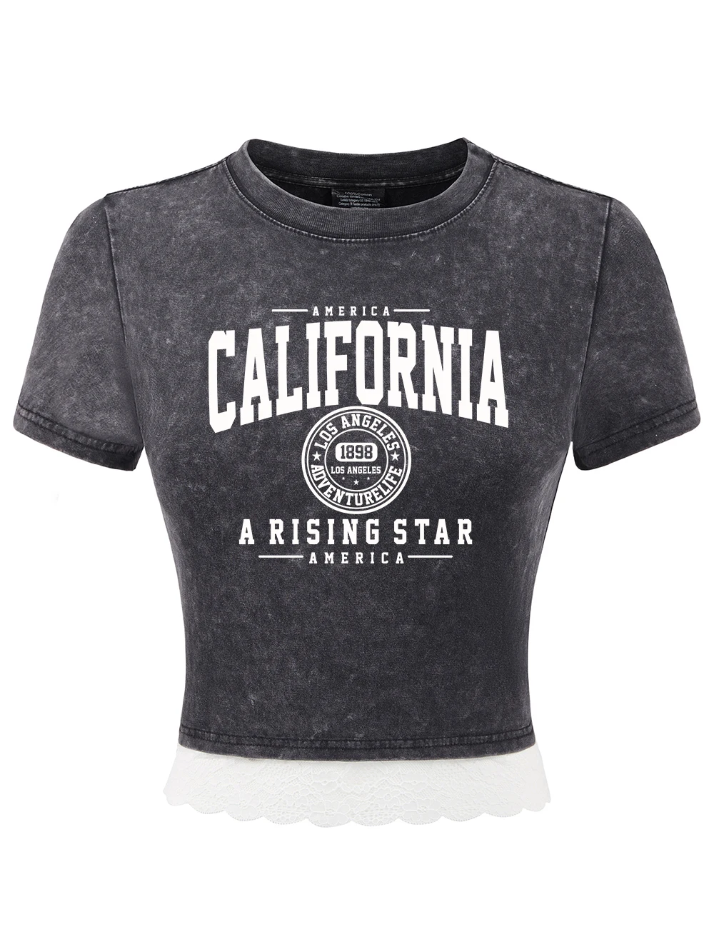 

California A Rising Star Print Cotton Washed T-Shirts Womens Summer Lace Hem Crop Tops Regular Fit O-Neck Tees Casual Clothes