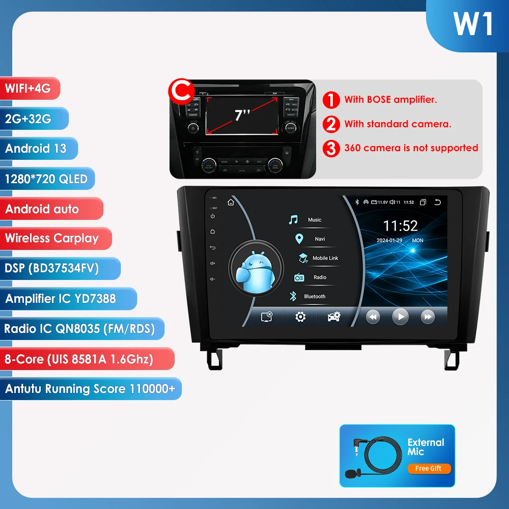 10.1 "Algpo Android13 Autoradio voor Nissan Qashqai X-Trail 3 T32 2013-2017 Navigatie GPS RDS DSP 4G BT Android Auto CarPlay
