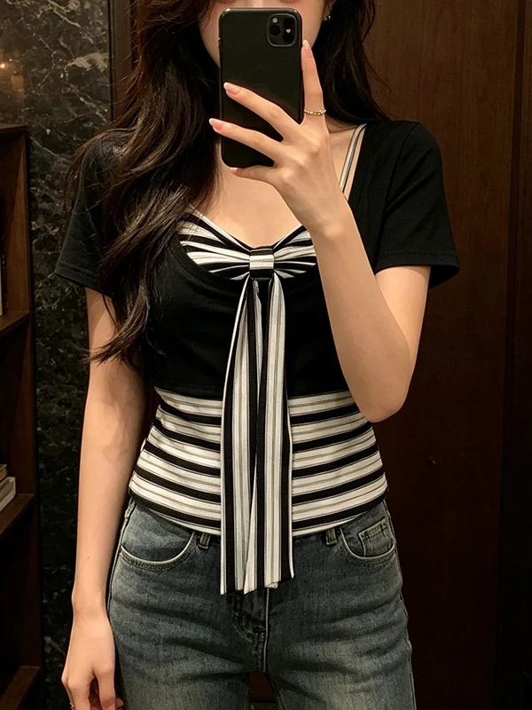

Summer 2026 plus Size Women's Lazy Style Striped Knot Strap Vest Short Sleeve Versatile Two-Piece Set Fashionable C...