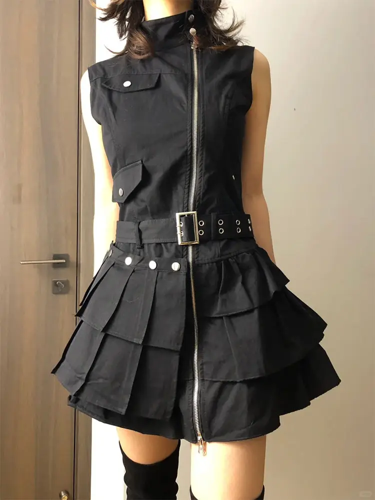 

Эстетическое винтажное тонкое черное платье без рукавов, женское готическое уличное облегающее платье с рюшами в стиле ретро, Y2K, шикарный пояс, новая одежда