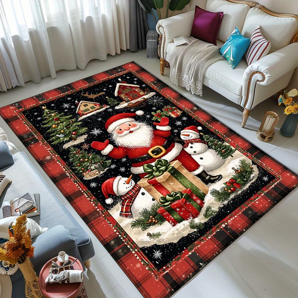 Festive Christmas Area Rug Red Plaid Border Santa Claus Snowman Carpet For Luxury Living Room Sofa Bedroom Decor Large Floor Mat