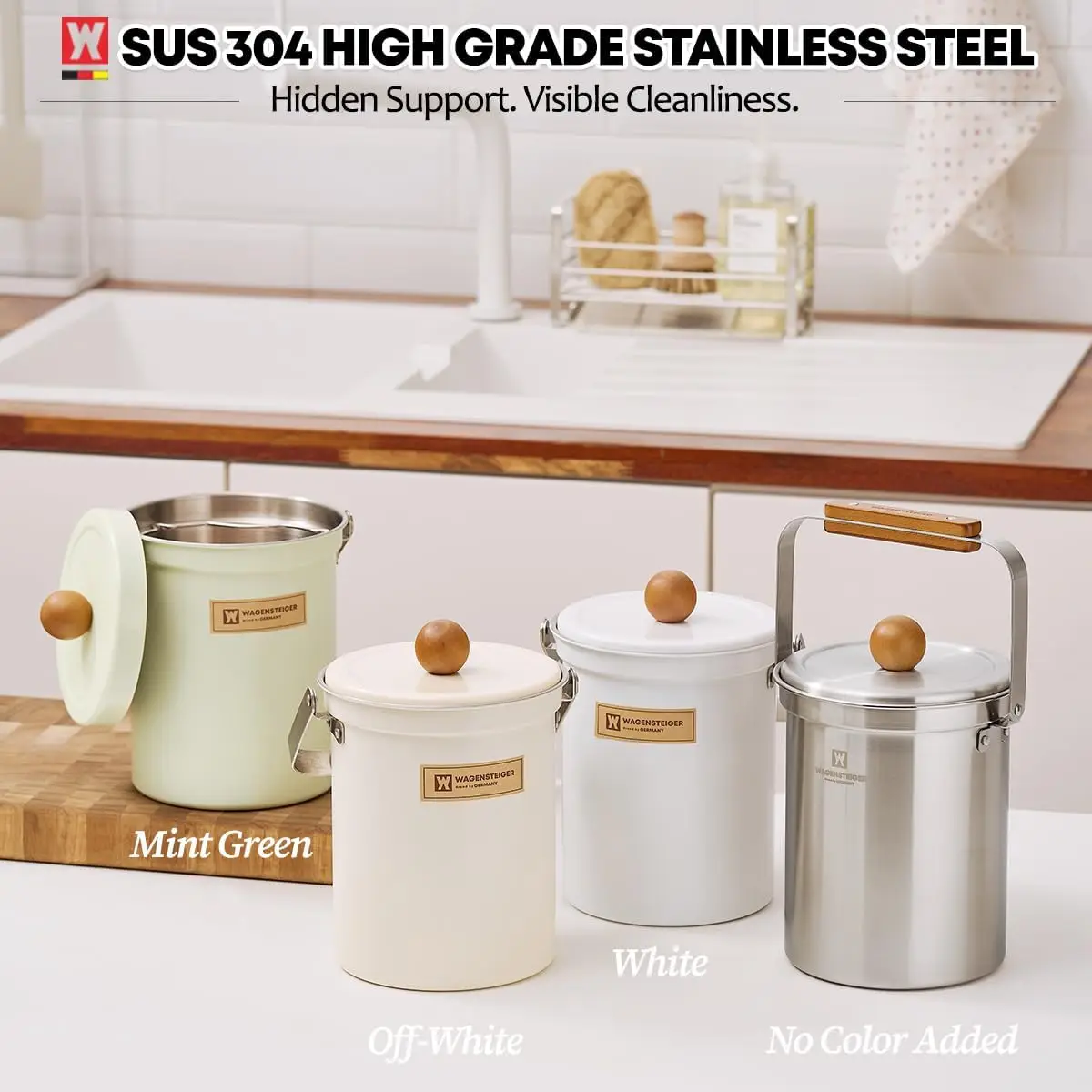 3L Stainless Steel Compost Bin with Airtight Lid, Odor-Free Kitchen Countertop Trash Can, Wooden Handle Design