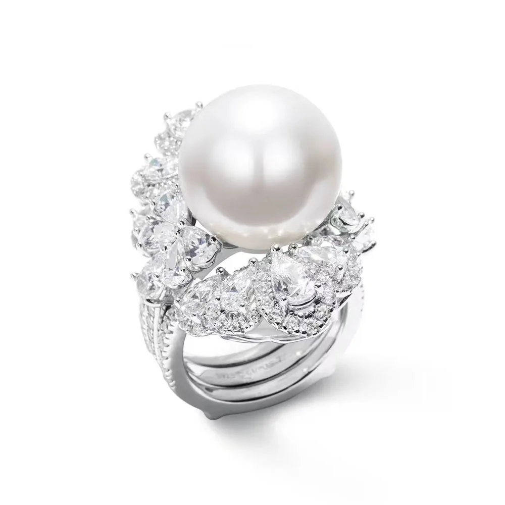 HOYON Luxurious and Exaggerated Artificial Beimu Pearl Inlaid Diamond Zircon Women's Ring Live Elegant and Exquisite 925 Jewelry