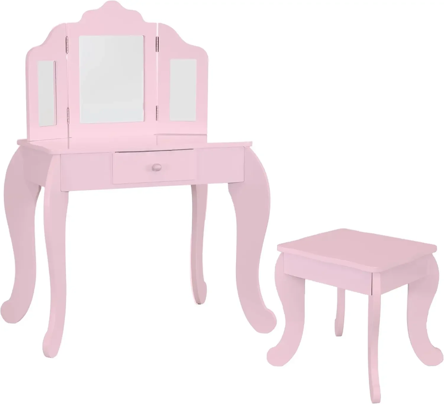 Beauty Bliss Wooden Pretend Play Vanity Set for Little Girls - Kids' Vanity Desk with Mirror, Drawer, and Stool - Pink