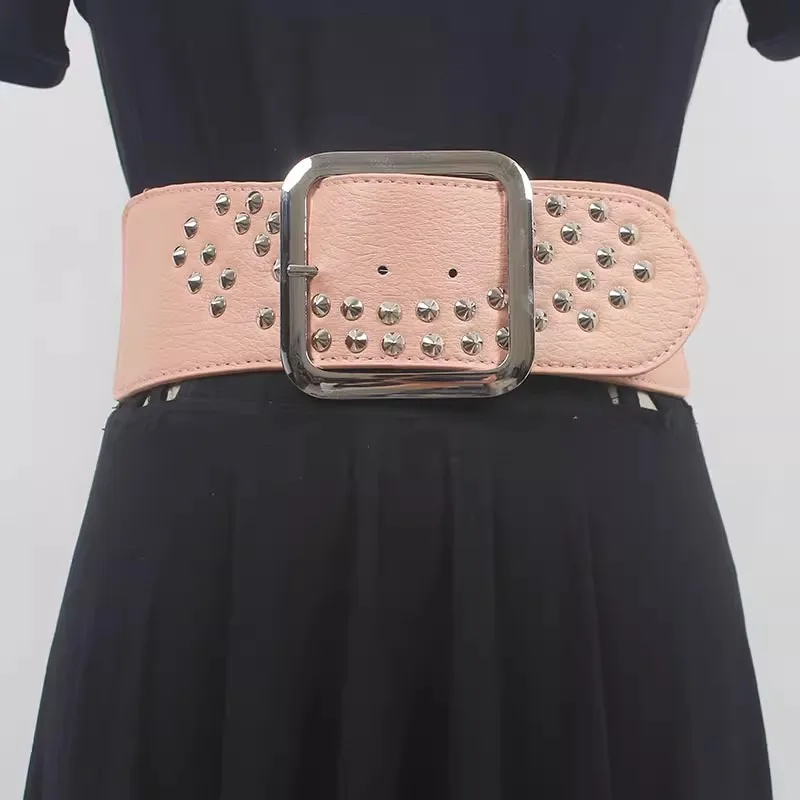 Women\'s Runway Fashion Rivet PU Leather Elastic Cummerbunds Female Dress Corsets Waistband Belts Decoration Wide Belt R858