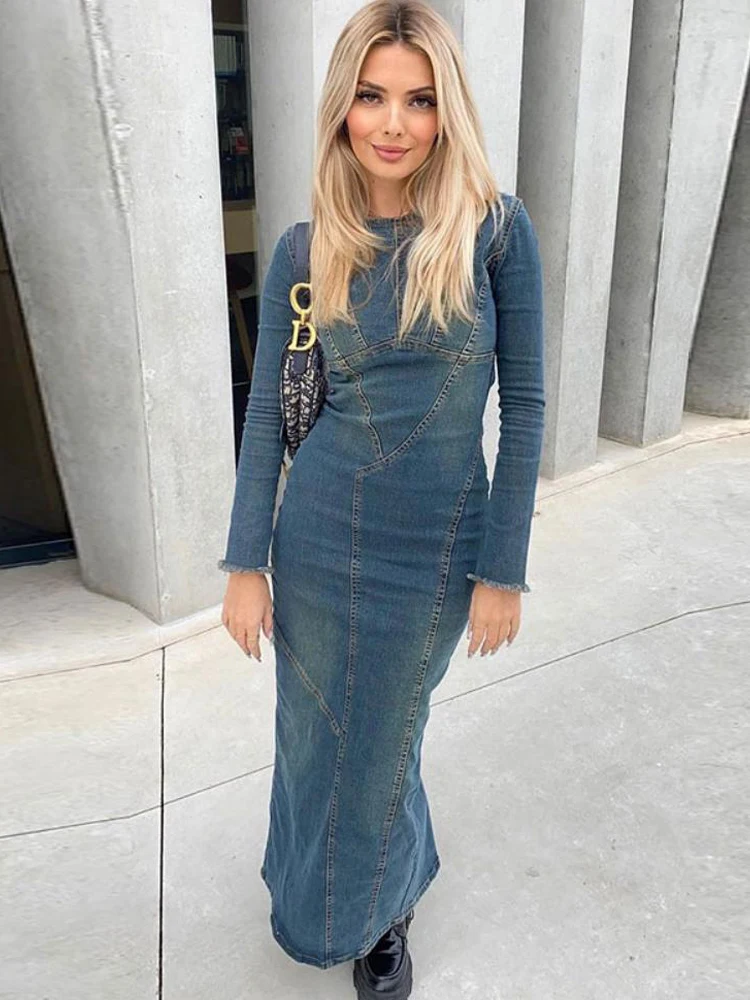 

Denim Long Dress Women Fashion Split Strapless Dress Female Elegant Blue Long Sleeve Streetwear Dress Loose ONeck Straight Dress