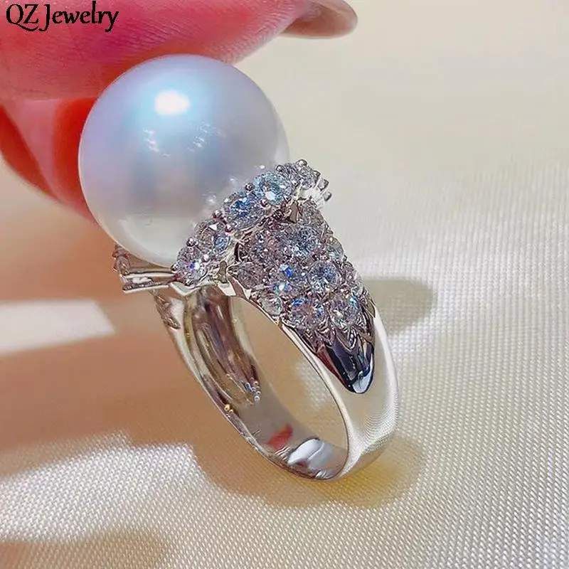 Elegant Pearl Cubic Zirconia Rings Bling Iced Out CZ Simulated Pearl Rings for Women Wedding Party Rings Fashion Jewelry Gifts