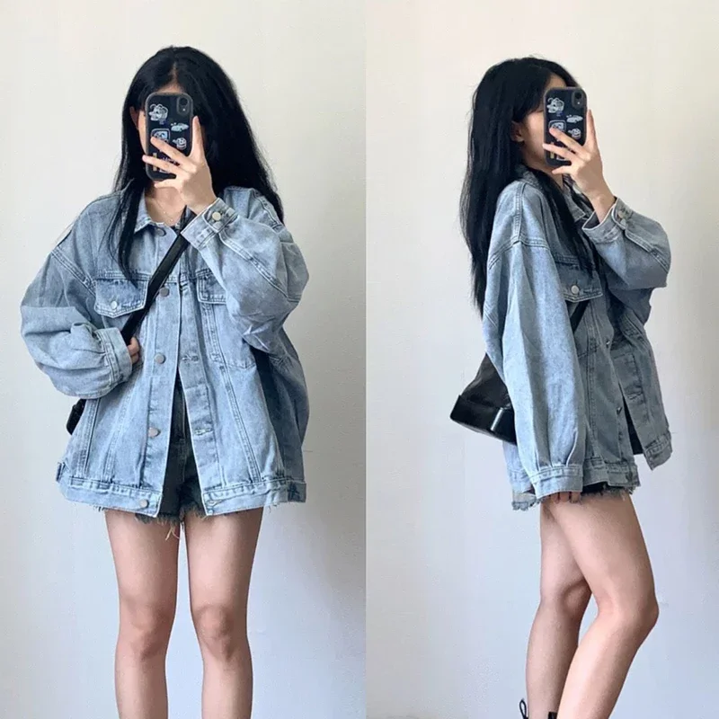 Korean Style Denim Jacket Women 2025 spring New Long Sleeve Blue Coats Woman Retro Turn Down Collar Loose Jean Jacket Female