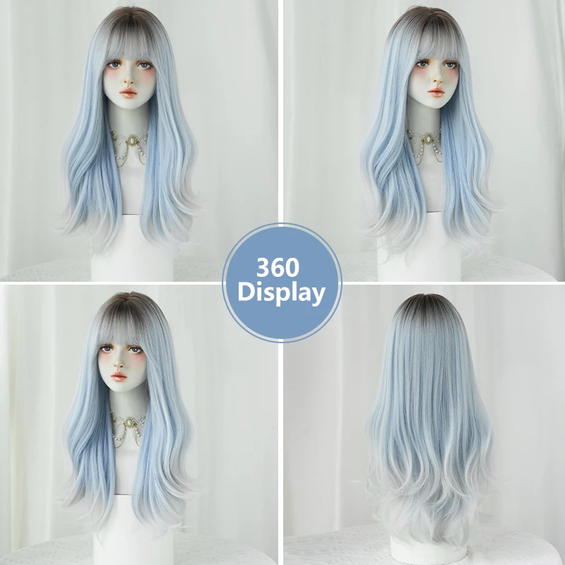 7JHH WIGS Lolita Wig Synthetic Body Wavy Ice Blue Wigs with Dark Roots High Density Curly Ombre Wig for Women Beginner Friendly