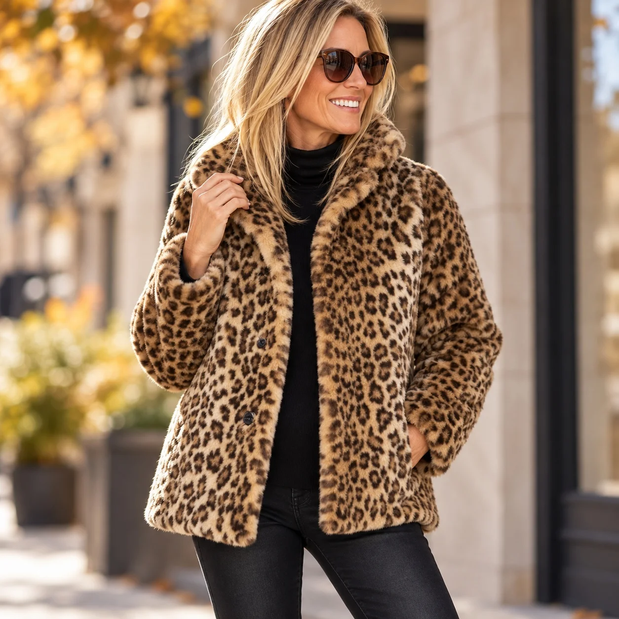 Leopard Print Notched Lapel Coat Straight Cut Elegant with Regular Sleeve Streetwear Regular Length Thick Autumn Women Coat