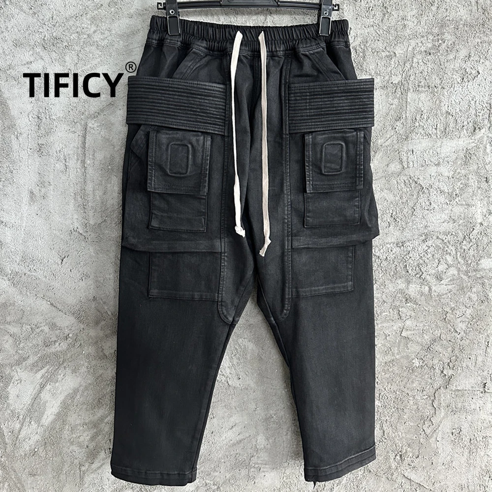 High Street Double Ring Coating Wax Surface Eight Quarter Hanging Leg Pants Men's Worn Out Normal Grade Denim Nine Quarter Pants