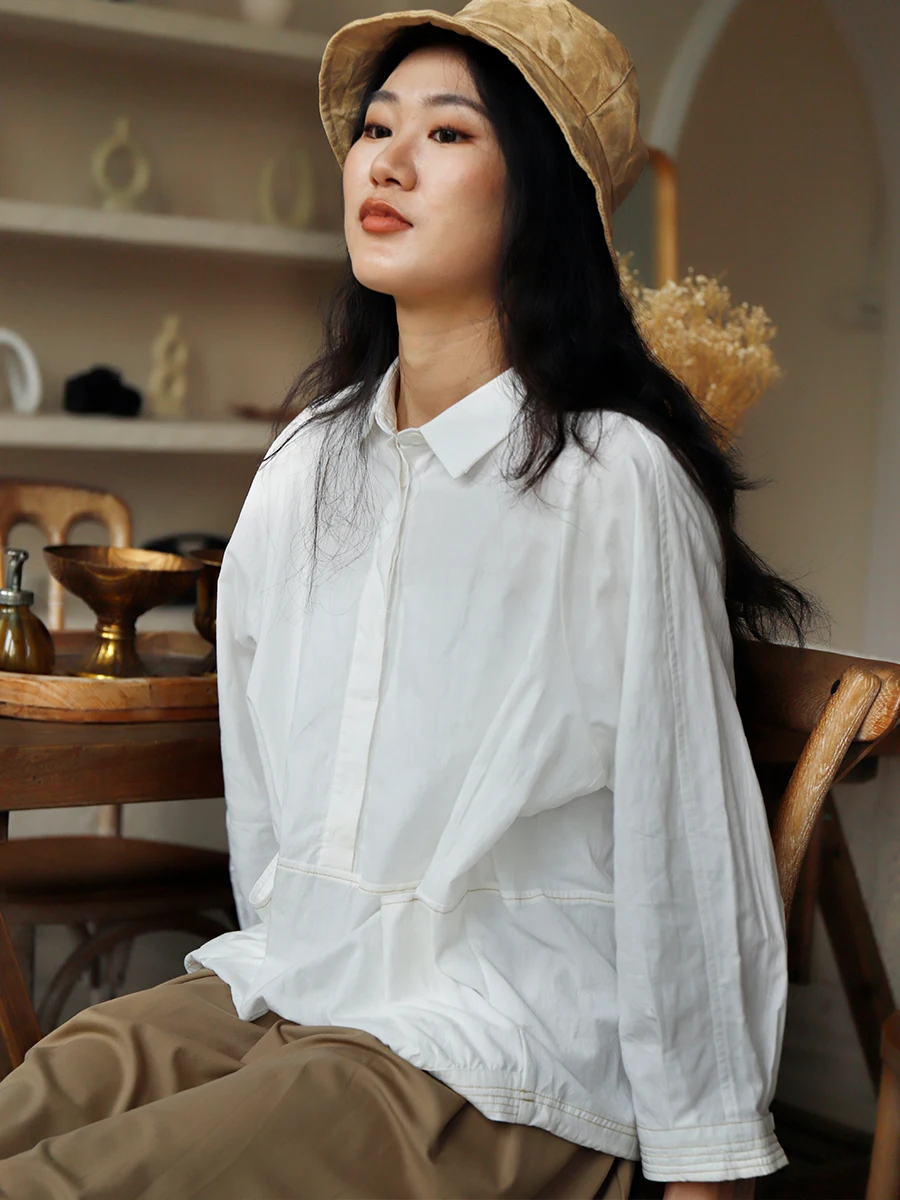 

Свободная женская хлопковая блузка оригинального дизайна с рукавом три четверти, белая, в художественном стиле, Y3W07O93, для повседневной носки