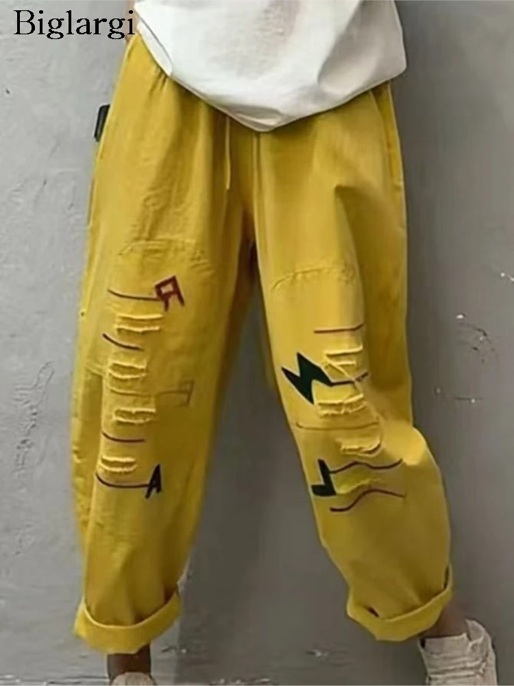

Oversized Jeans Summer Pant Women Letter Print Patchwork Fashion Ladies Trousers Loose Elastic High Waist Woman Harem Pants