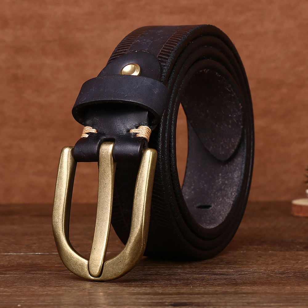 3.8cm width Men's hand polished casual vintage vegetable tanned leather top layer cowhide thickened belt with personality