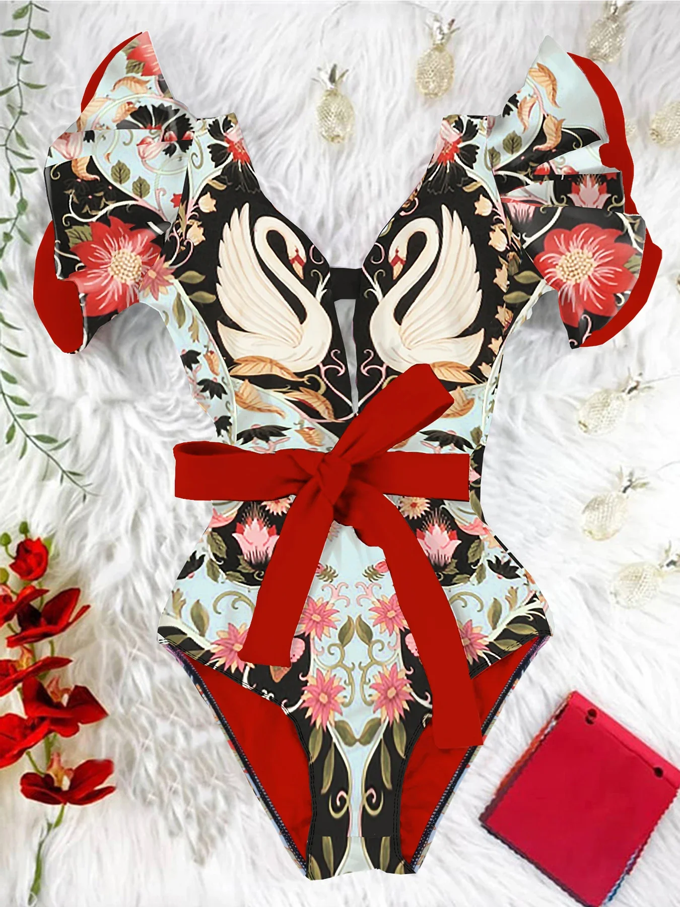 Traje de baño de una pieza con estampado de volantes y hombros para mujer, traje de baño Sexy con cuello de pico para mujer, ropa de playa para vacaciones 2025