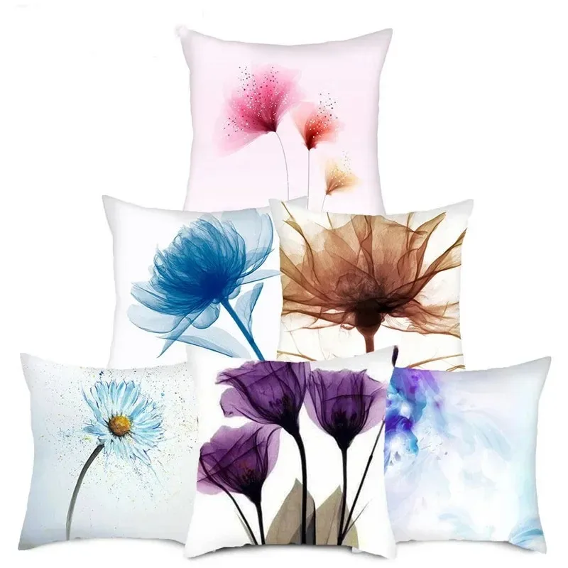 Ink Flower Printing Polyester Cushion Cover Floral Pattern Pillowcase Home Car Bedroom Couch Decorative Pillow Cover 45x45cm