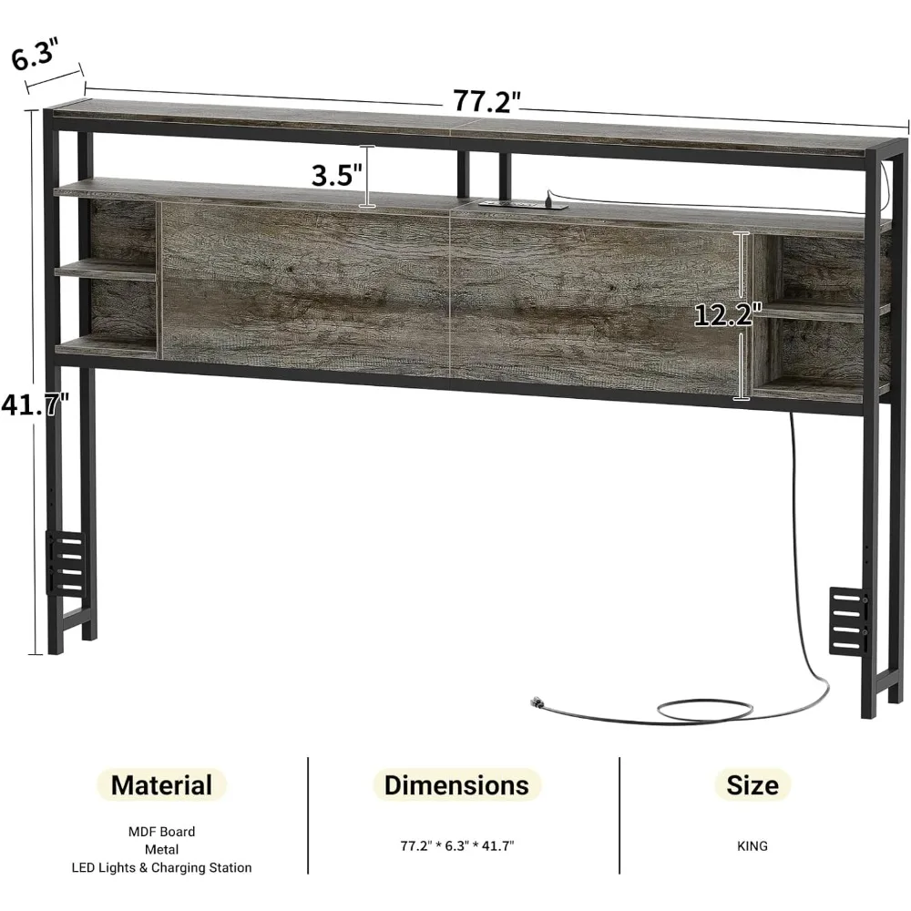 لوح رأسي للتخزين بحجم كينج مع منافذ وإضاءة LED RGB، لوح رأسي سرير متين ومستقر لأسرّة كينج، وظيفة محسنة #3