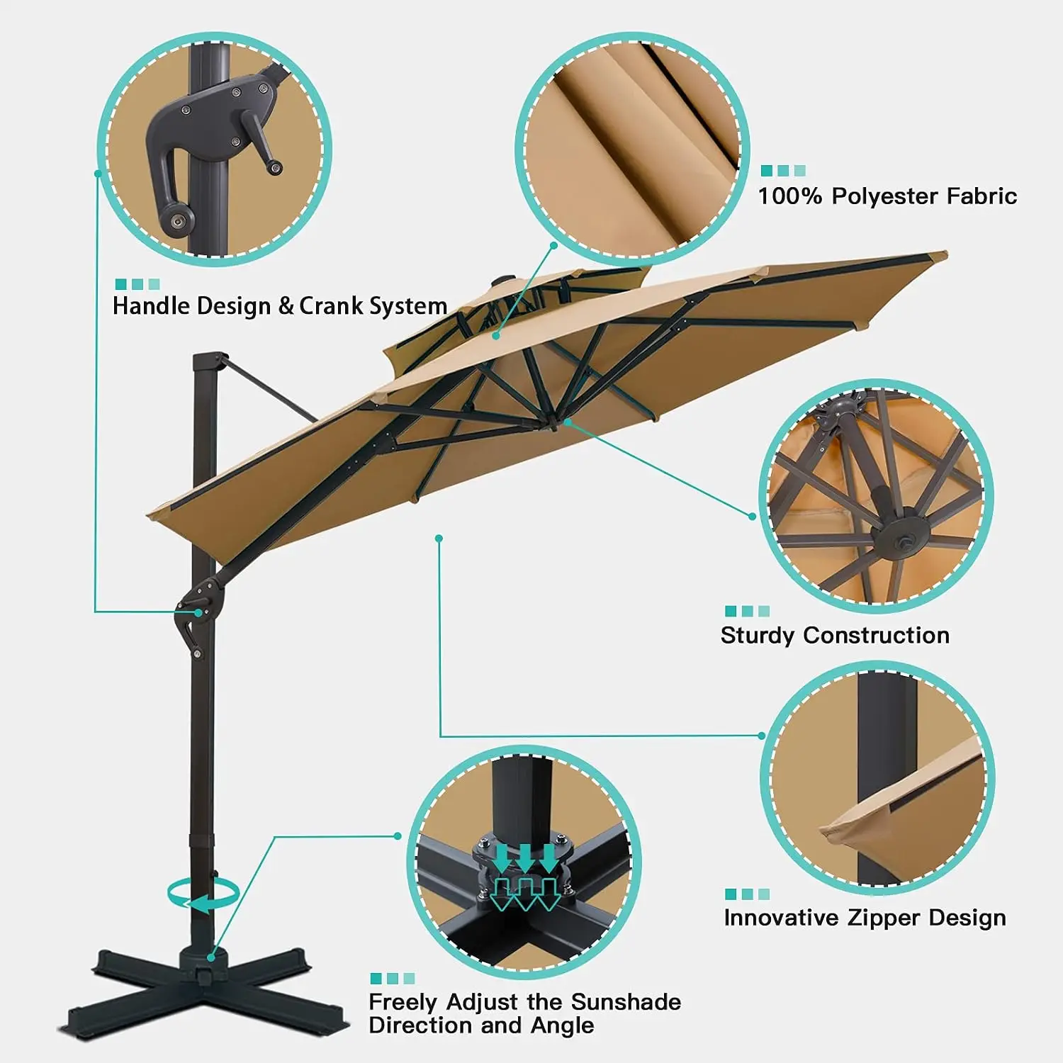 11FT Double Top Cantilever Patio Umbrella Deluxe Offset Tan | 11FT Patio Umbrella 360° Rotation & Integrated, Customized