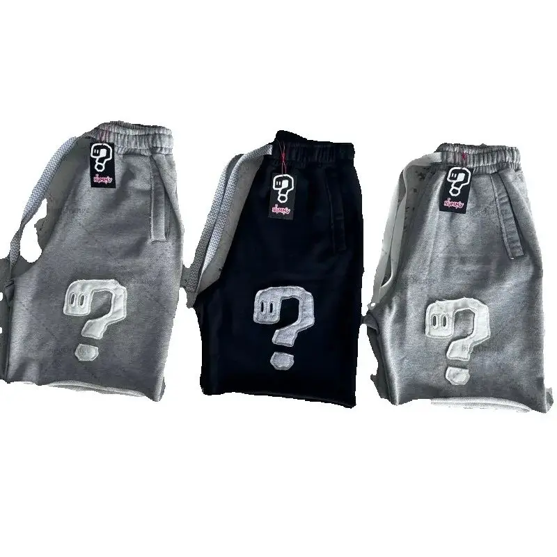 

2025 High Street Trendy Brand Streetwear Casual Shorts Men American Retro Hip-hop Question Mark Embroidered Loose Shorts Women