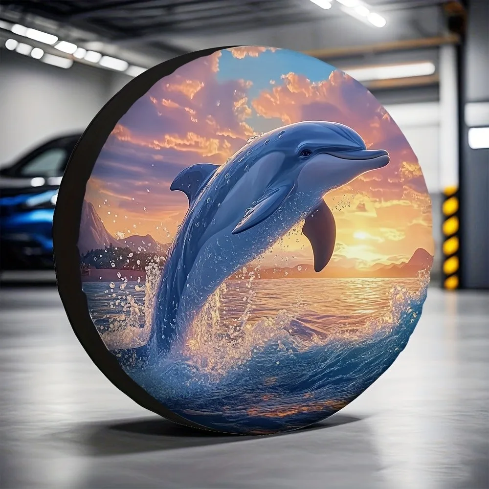 Jumping Dolphin Sunset Spare Tire Cover Durable Polyester Waterproof Vehicle Protection
