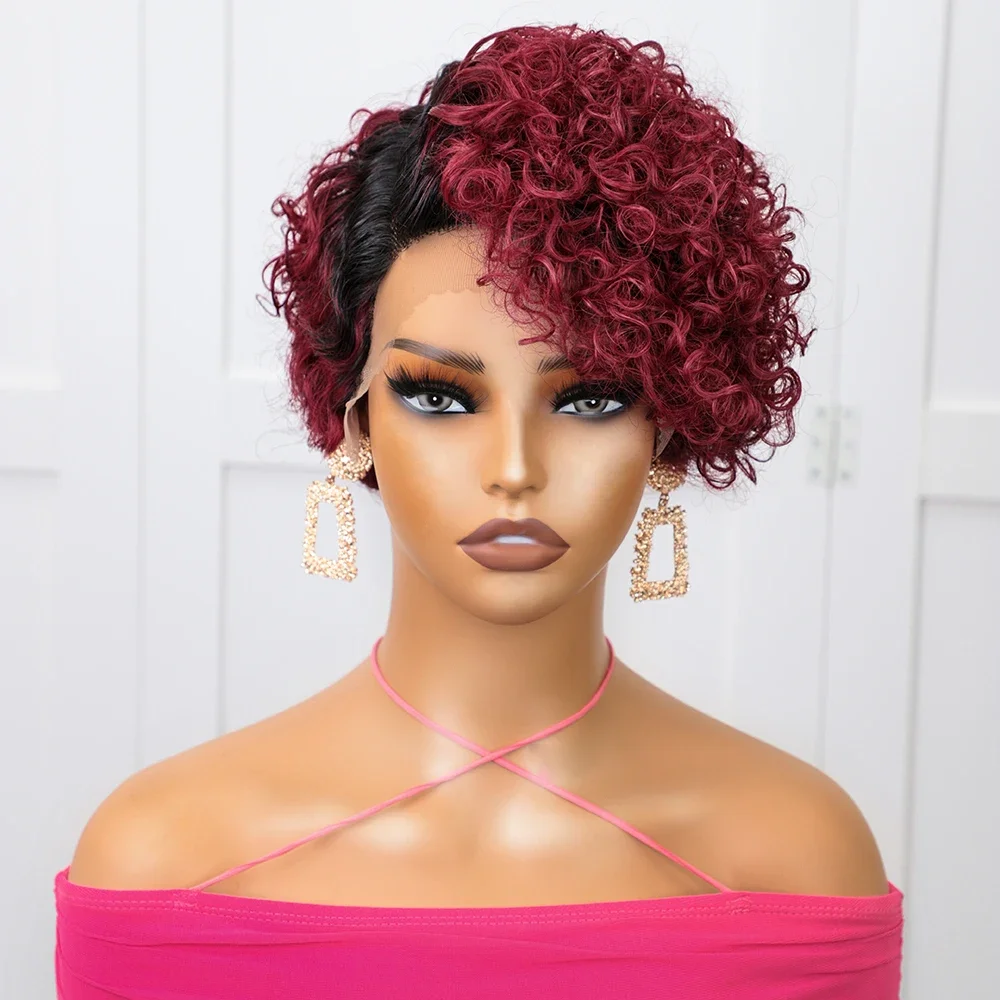 Burgundy 13x1 Short Curly Human Hair Bob Wig 99J Deep Wave Lace Front Human Hair Wigs Water Wave Wig Human Hair Ready to Wear