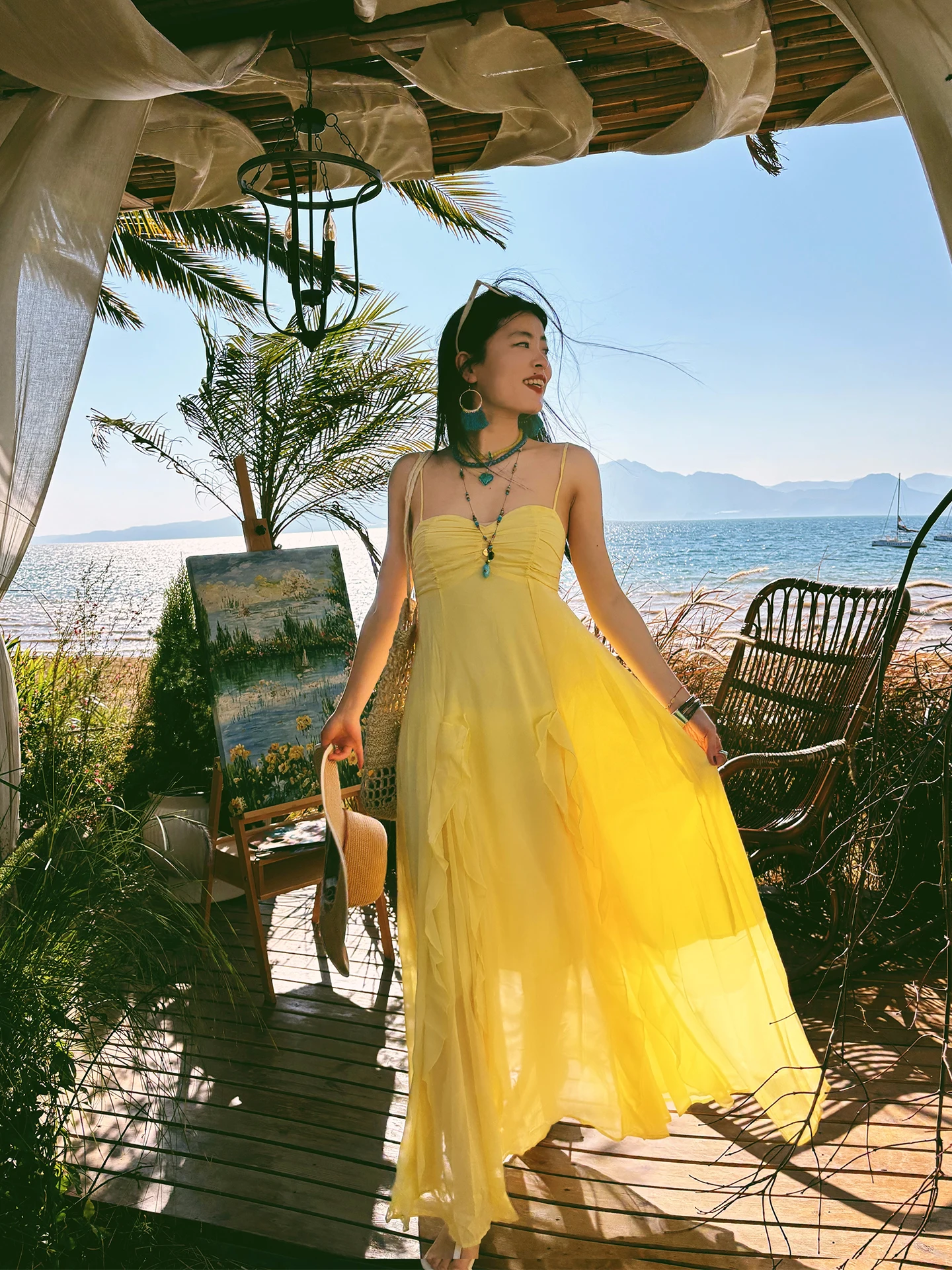 

Feng Island Breeze Yellow Backless Sexy Strap Dress Drifting Fairy Atmosphere Beach Long Skirt Cotton Polyester Spring S...