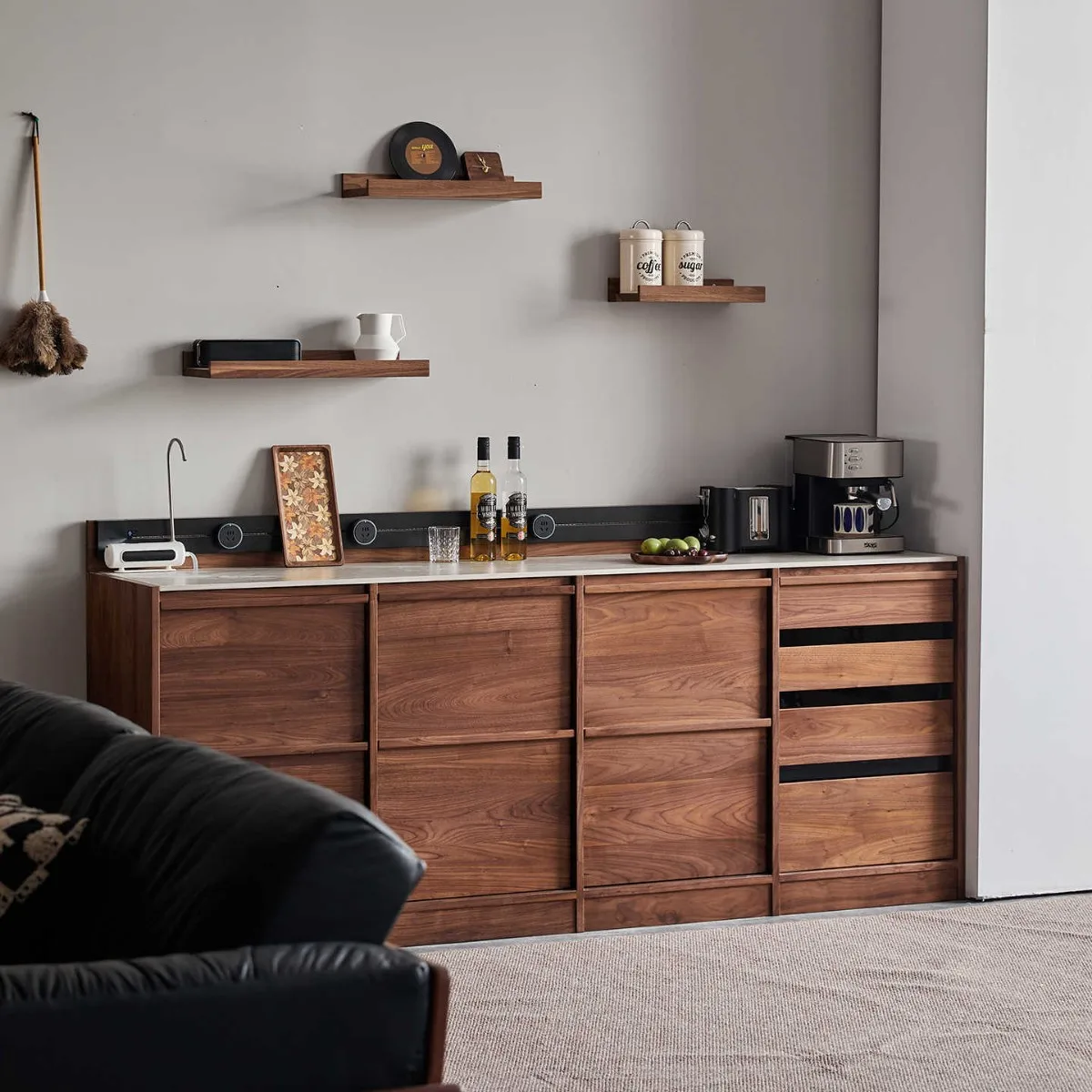 Travertine side cabinet, black walnut furniture integrated against the wall, living room solid wood medieval wine cabinet, bone
