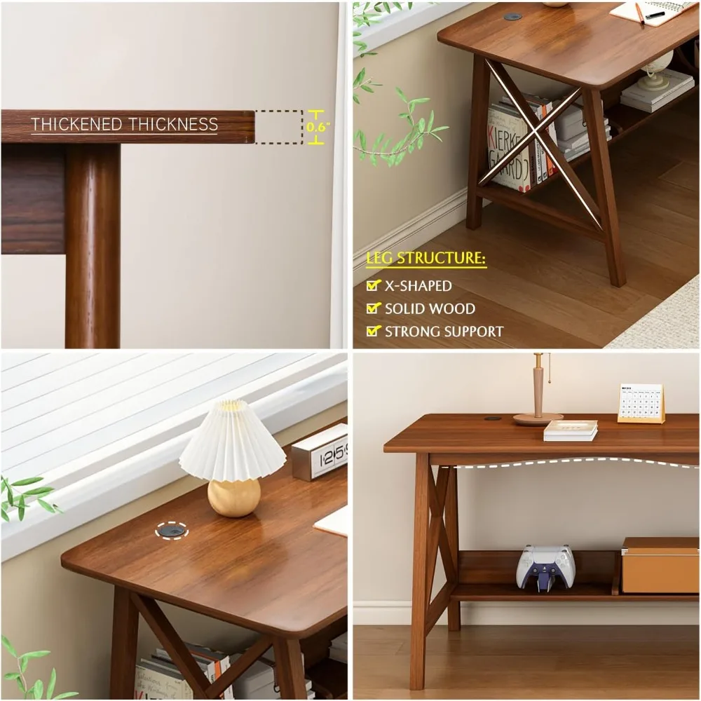 مكتب خشبي طويل جدًا مع رف كتب - طاولة دراسة للعمل في المكتب المنزلي، محطة عمل للكتابة مع رف تخزين من خشب الجوز