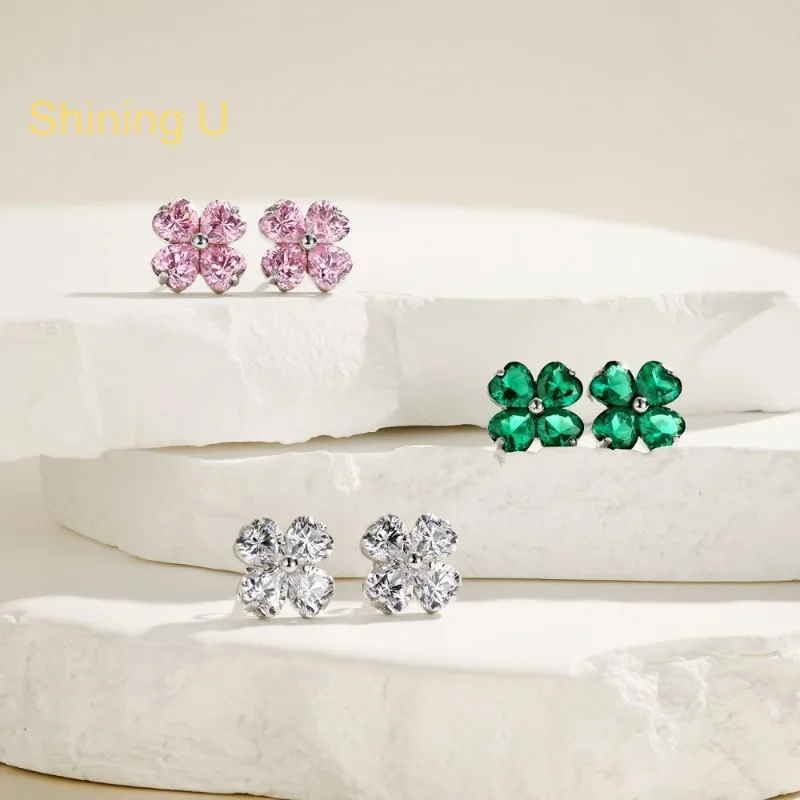 

Серьги-гвоздики Shining U из серебра 925 пробы с розовыми и зелеными камнями в форме сердца и клевера для женщин, изысканные ювелирные изделия, весенняя коллекция