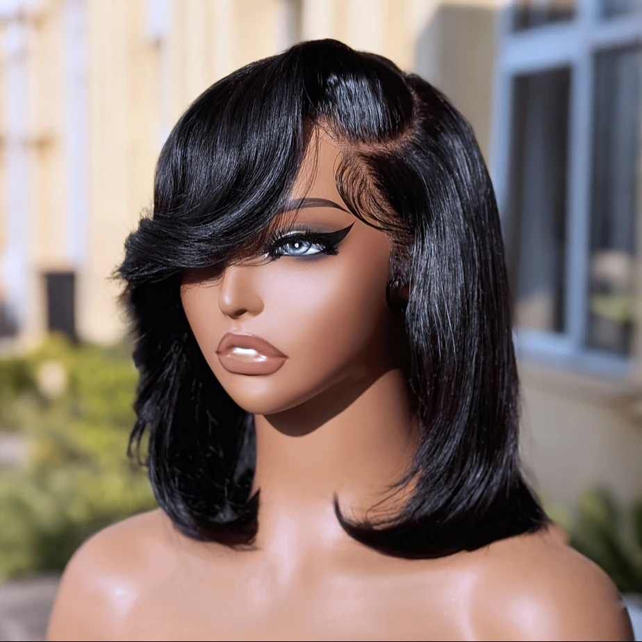 باروكات أمامية قصيرة حريرية مستقيمة من الدانتيل شعر بشري-تم قطعه مسبقًا مع شعر أطفال 200 كثافة 13x4 HD باروكات أمامية من الدانتيل الشفاف