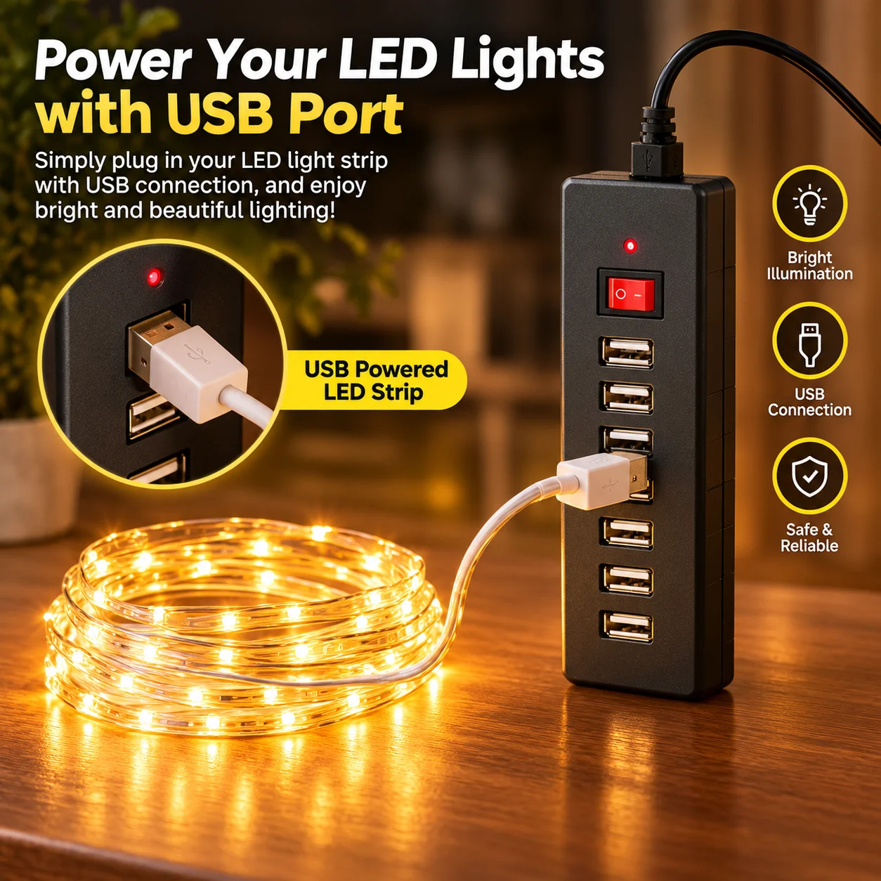 Universal USB Power Strip for Building Block Lighting Fixtures Multiple Sockets Compatible with MOC Light Strips & Floor Lamps