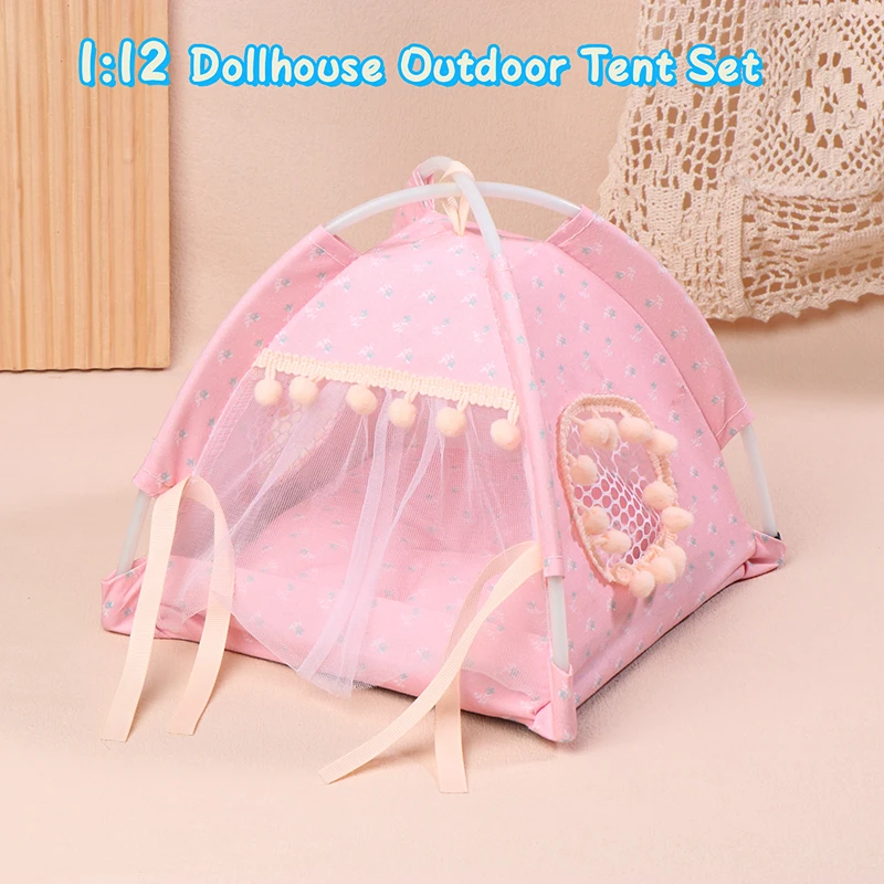 New 1:12 Dollhouse Simulation Pink Tent Model Mini Doll Travel Camping Decoration Toys Micro Scene Construction Photo Props